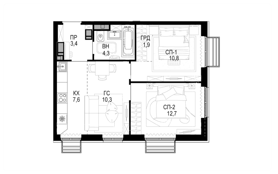 Планировка евротрёшки 51 м²