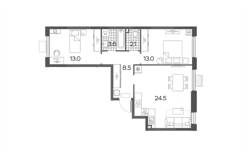 Планировка евротрёшки 64,7 м²