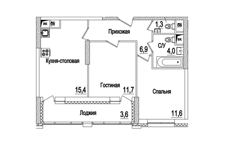 Планировка евротрёшки 50,9 м²