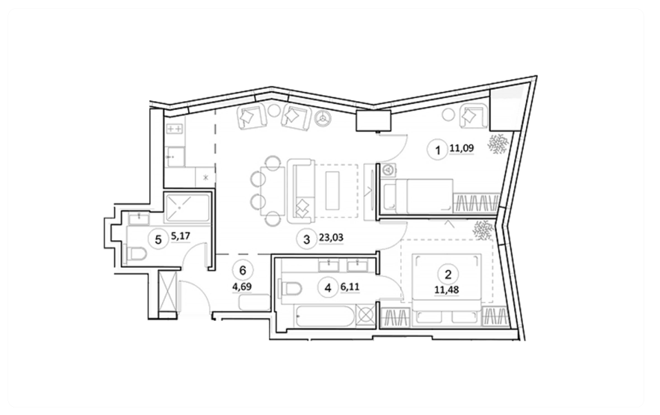 Планировка евротрёшки 61,57 м²