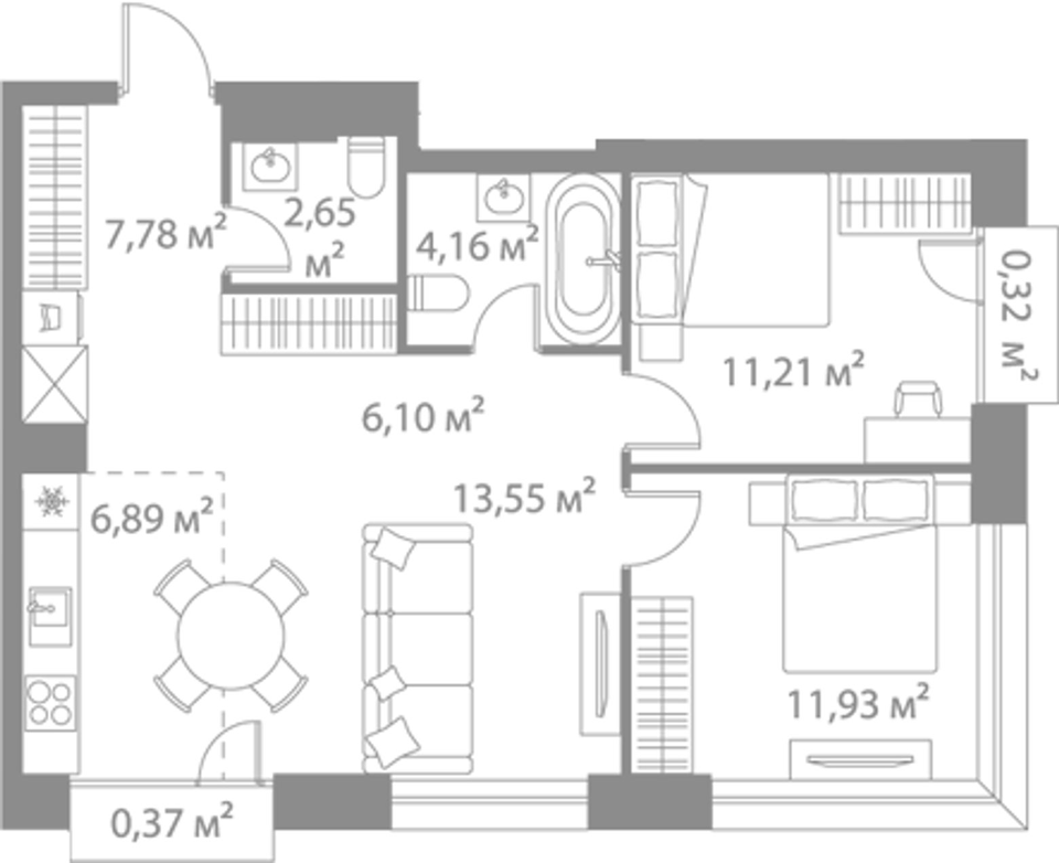 Планировка евротрёшки 64,27 м²