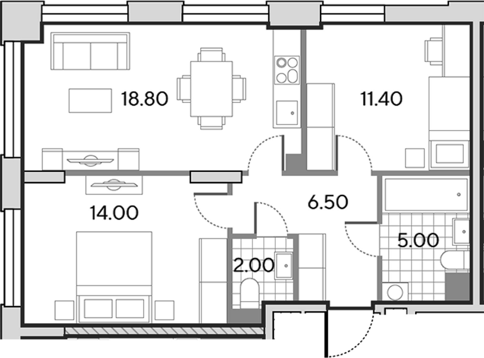 Планировка евротрёшки 57,7 м²