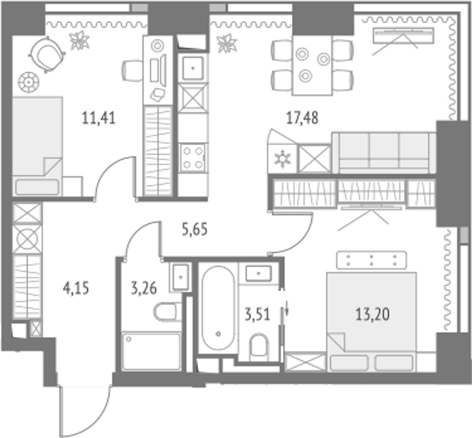 Планировка евротрёшки 58,66 м²
