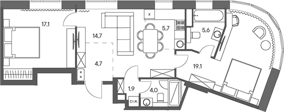 Планировка евротрёшки 72,8 м²