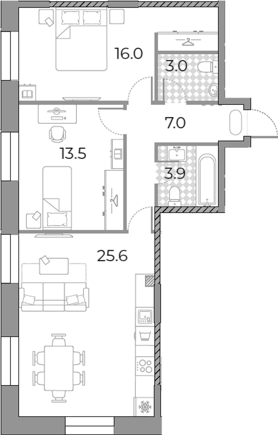 Планировка евротрёшки 69 м²