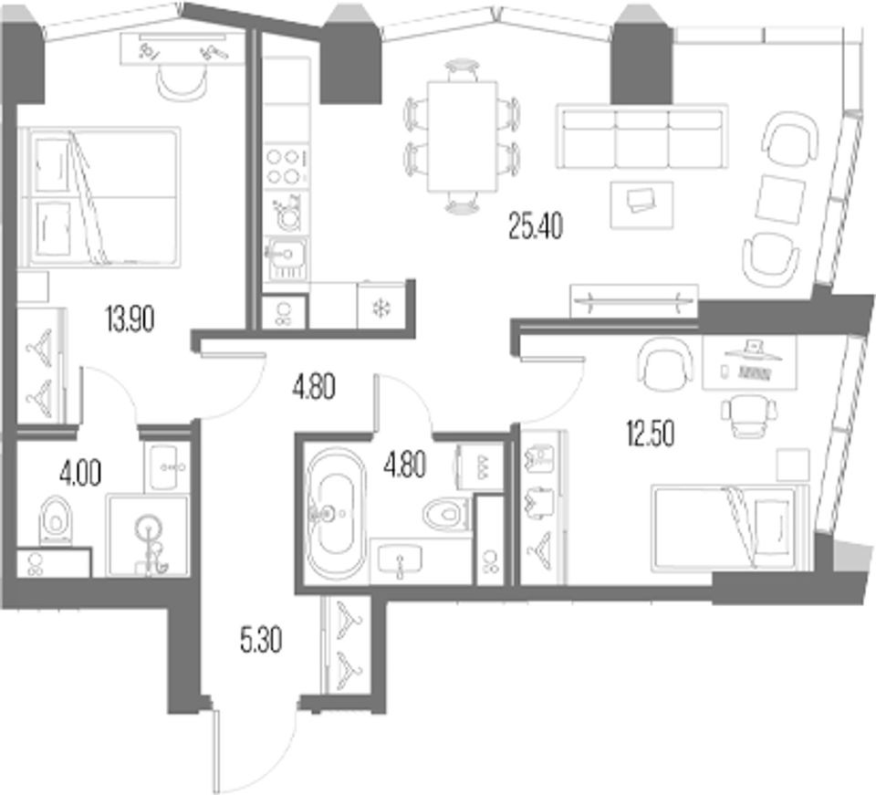 Планировка евротрёшки 70,7 м²