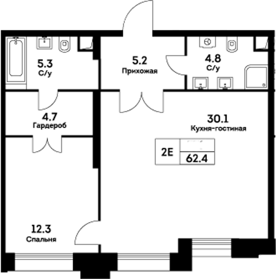 Планировка евродвушки 62,4 м²