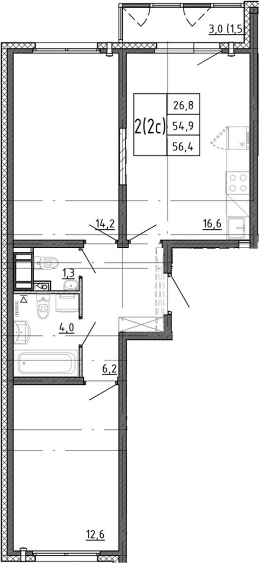 Планировка евротрёшки 54,9 м²