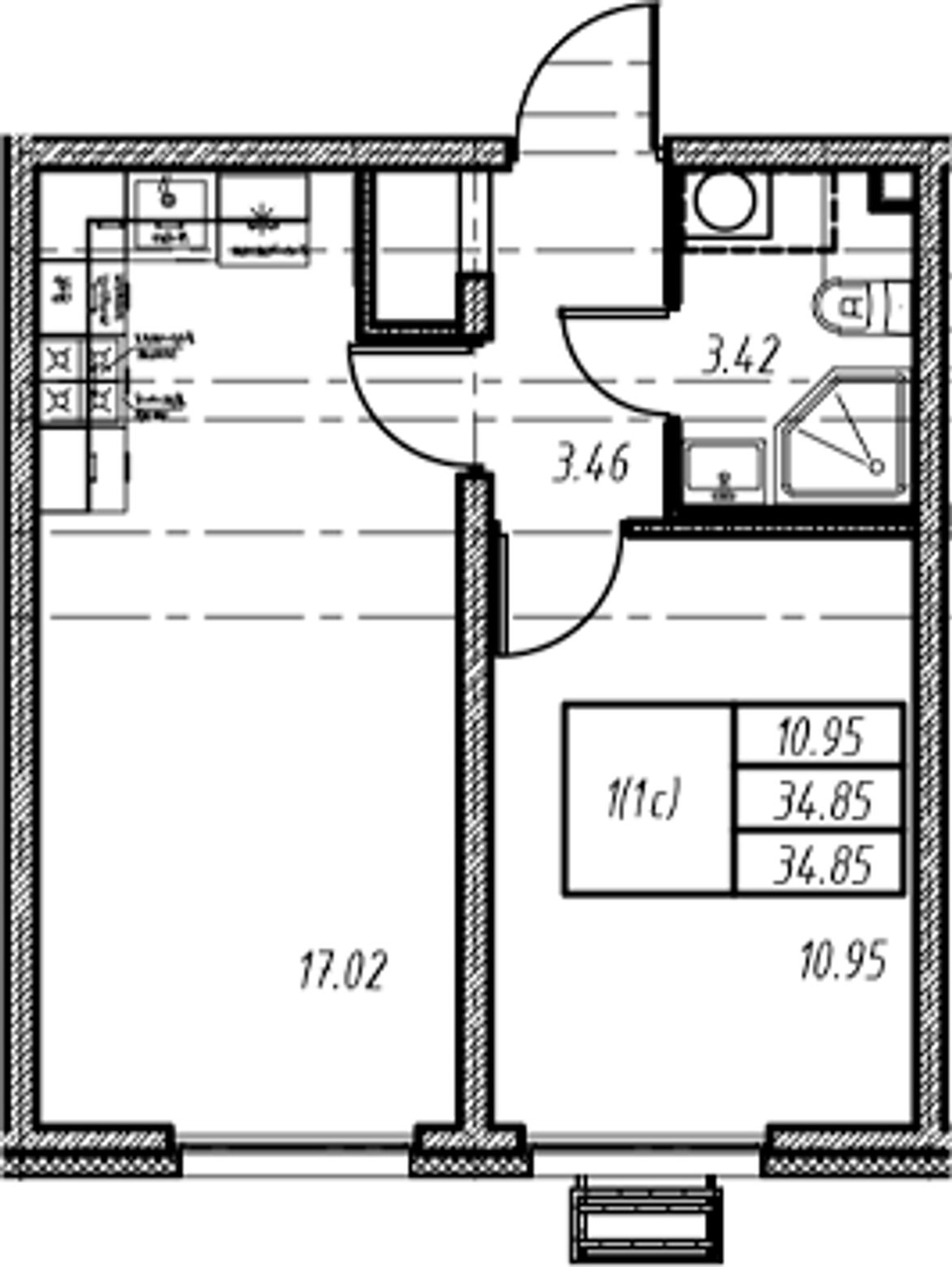 Планировка евродвушки 34,85 м²