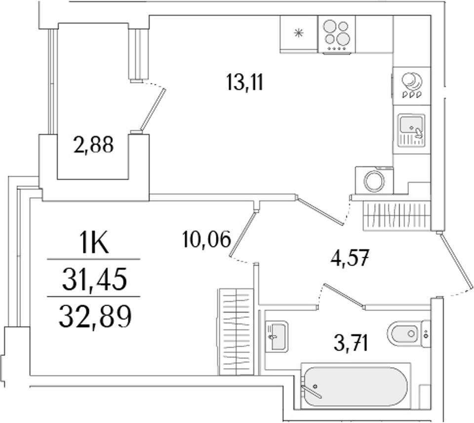 Планировка евродвушки 31,45 м²