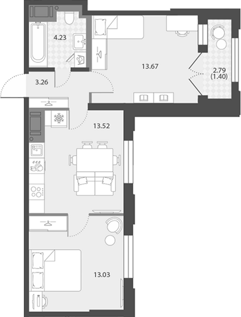 Планировка евротрёшки 47,71 м²