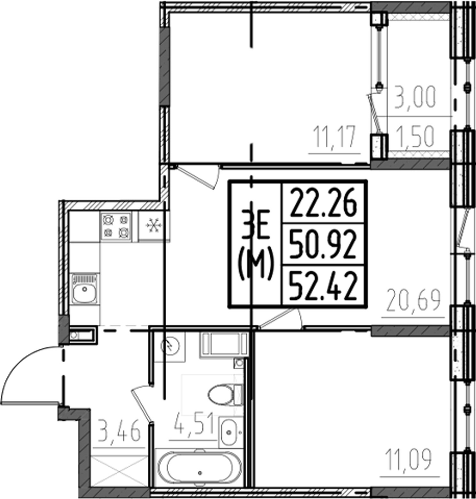 Планировка евротрёшки 50,92 м²