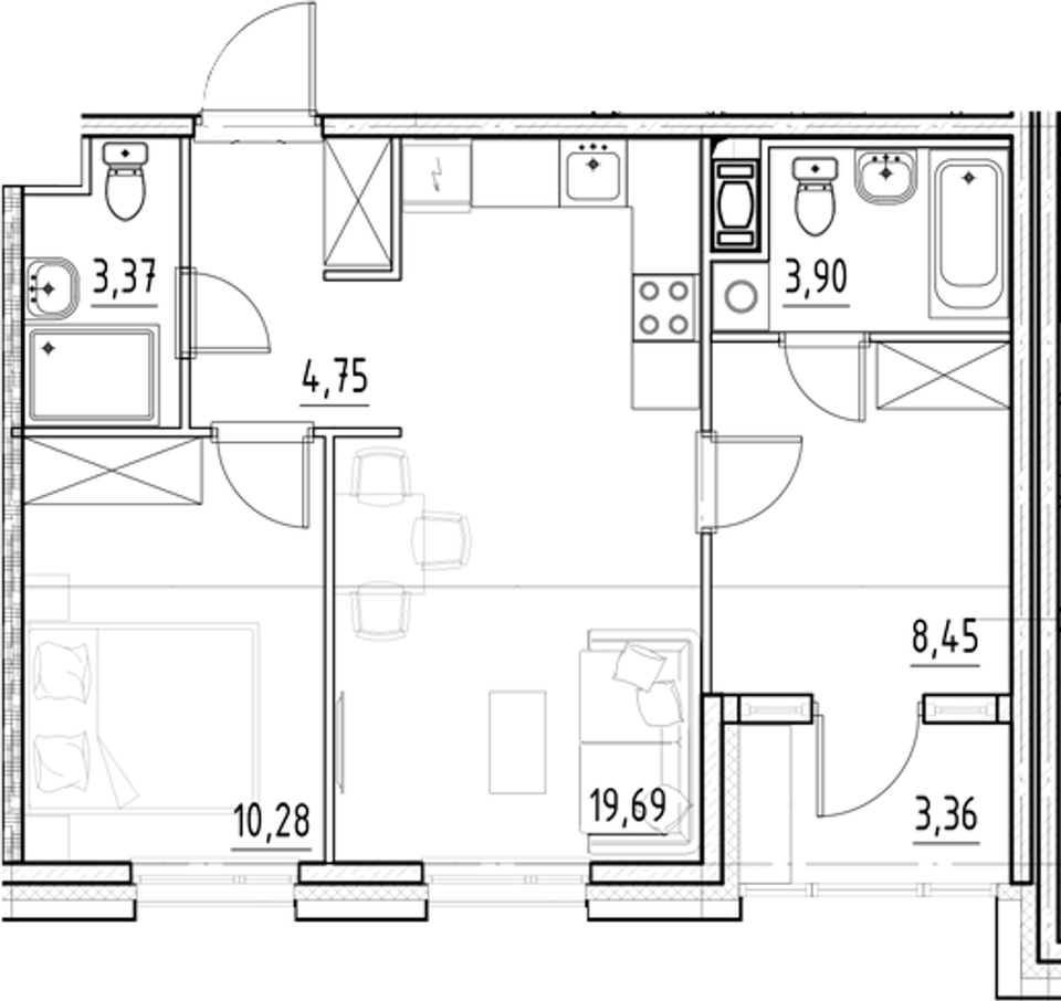 Планировка евротрёшки 50,44 м²