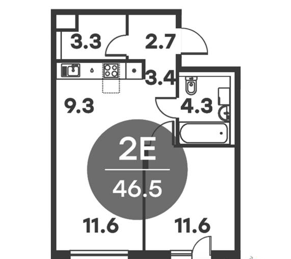 Планировка квартиры 46,5 м² с двумя комнатами