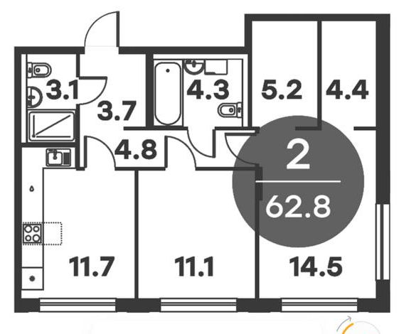 Планировка квартиры 62,8 м² с двумя спальнями