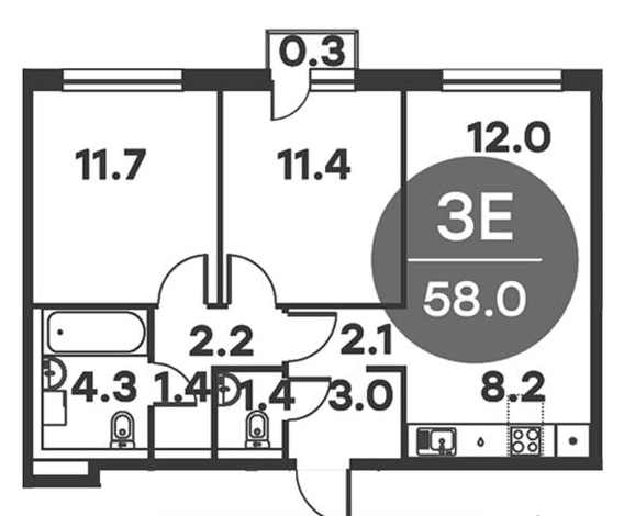 Планировка трёхкомнатной квартиры 58 м²