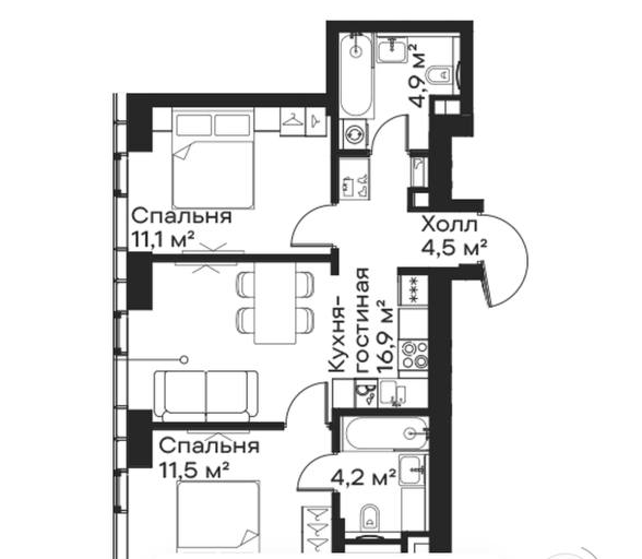 Планировка евротрёшки 53,1 м²