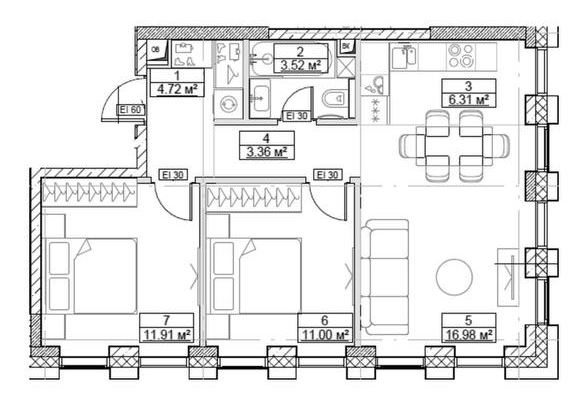Планировка евротрёшки 57,8 м²