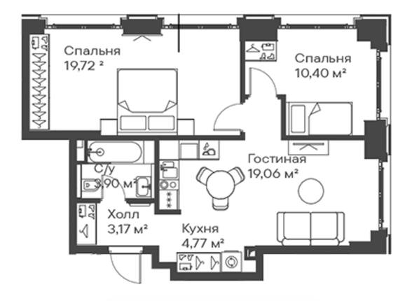 Планировка евротрёшки 61,02 м²