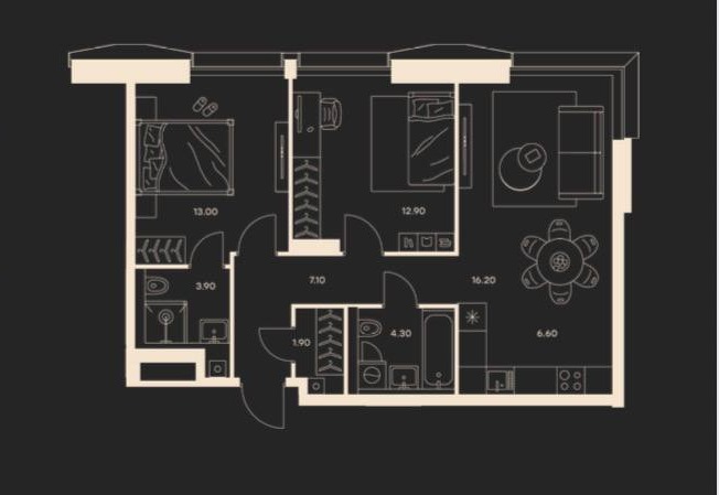 Планировка трёхкомнатной квартиры 65,9 м²