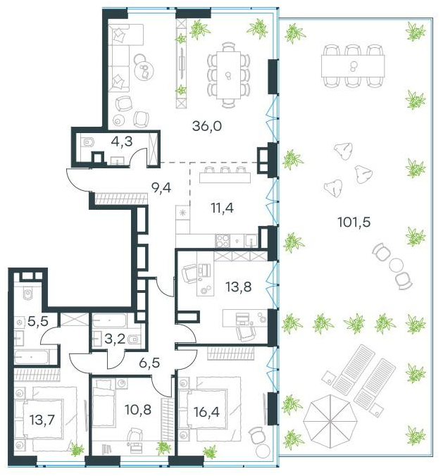 Планировка пятикомнатной квартиры 131 м² с террасой 101,5 м²