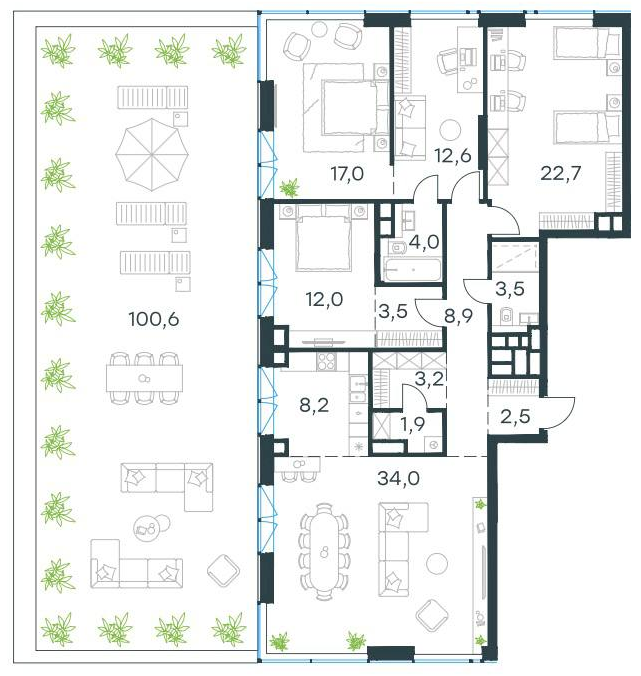 Планировка пятикомнатной квартиры 134 м² с террасой 100,6 м²