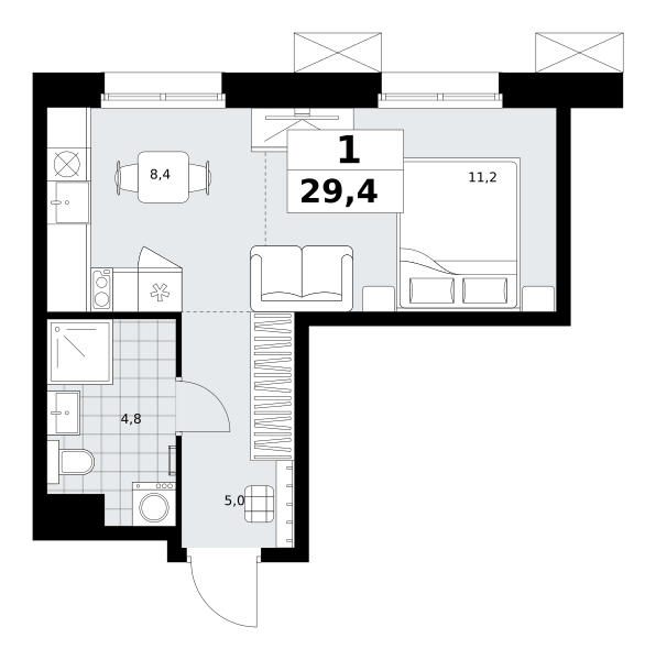 Планировка, Студия 29,4 м² у метро Новомосковская
